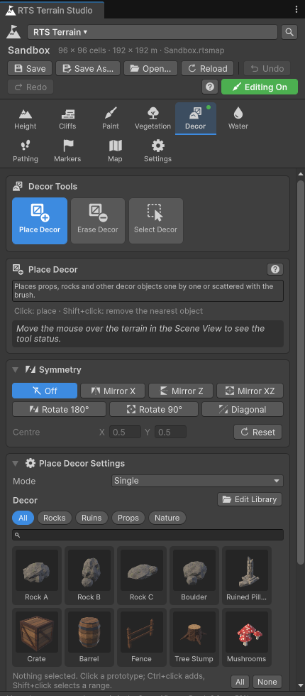 The RTS Terrain Studio editor window with the Decor tab open