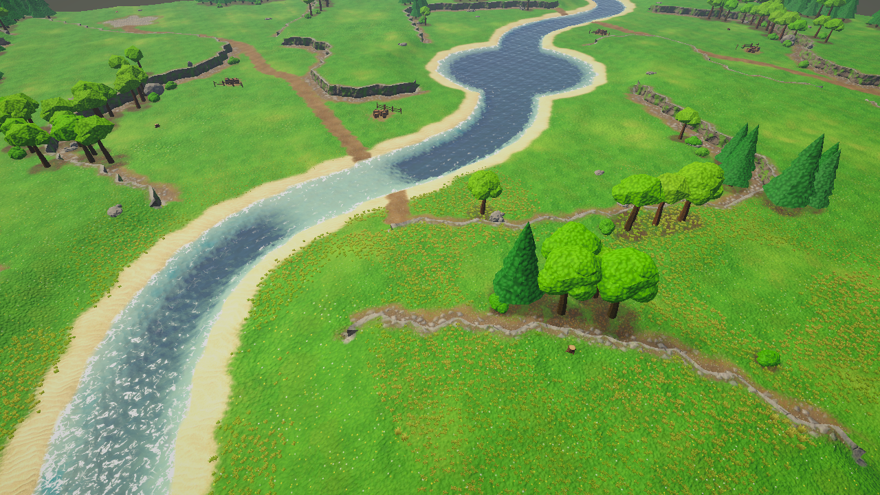 The Gameplay Demo scene: a plateau map with cliffs, rivers, forests and sample units under fog of war