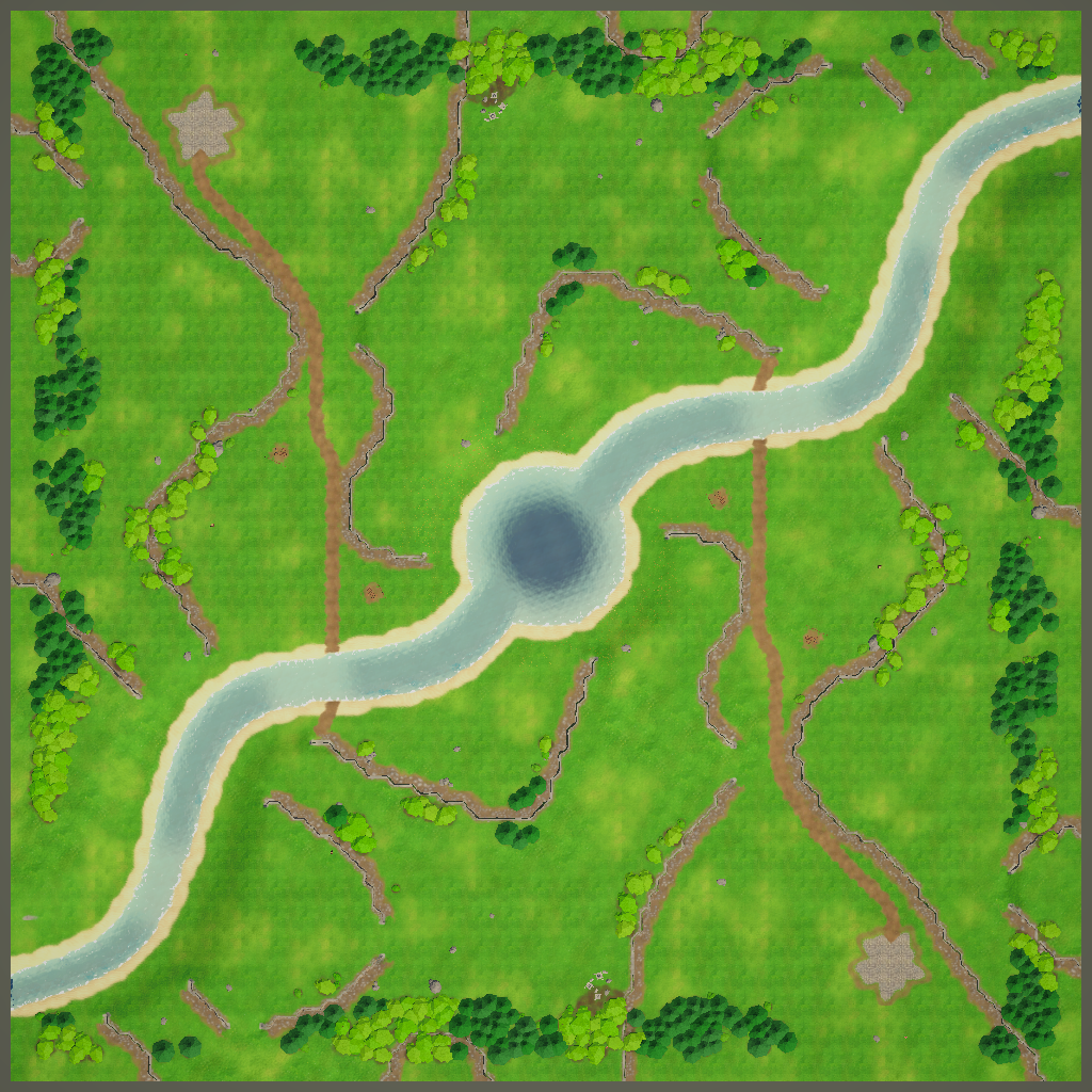 Top-down overview of a demo map with plateaus, rivers, forests and start locations